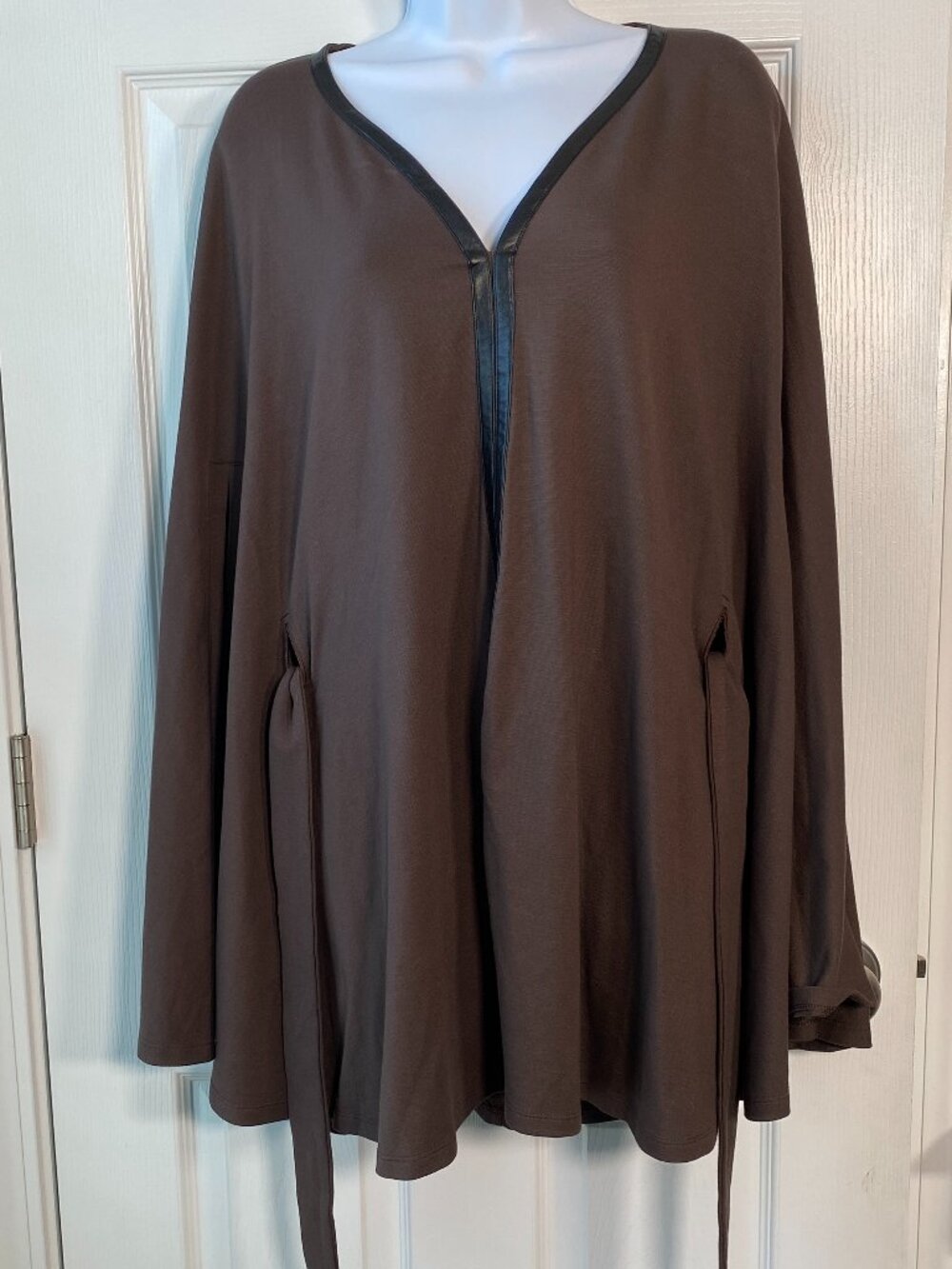 Dillard's | Brown Bell Sleeve Open Front Tunic Top | Leather Trim | Size S